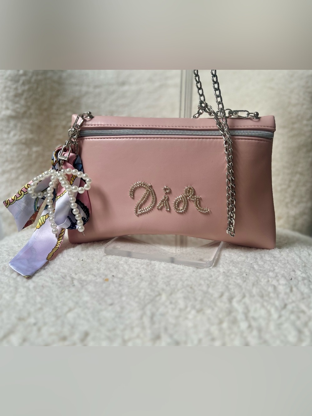 Dior Pink Pearl-Embellished Beauty Upcycled to Crossbody Bag